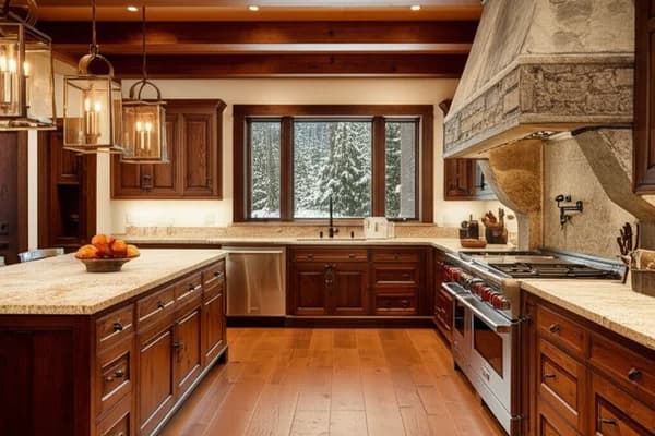 Design concept for a ski-lodge kitchen with stained wood cabinetry, a stone backsplash, and a timber ceiling, a direction suited to Alpine Meadows mountain-modern homes