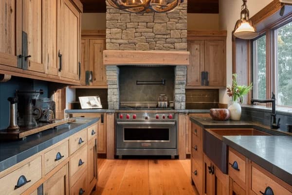 Design concept for a warm wood kitchen with flat-panel cabinetry and a stone backsplash, a direction suited to the original 1960s houses on Dollar Point