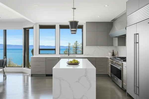 Design concept for a contemporary mountain kitchen with rift-sawn oak cabinetry, a long island, and tall windows toward the trees, a direction suited to custom homes on upper Kingsbury Grade