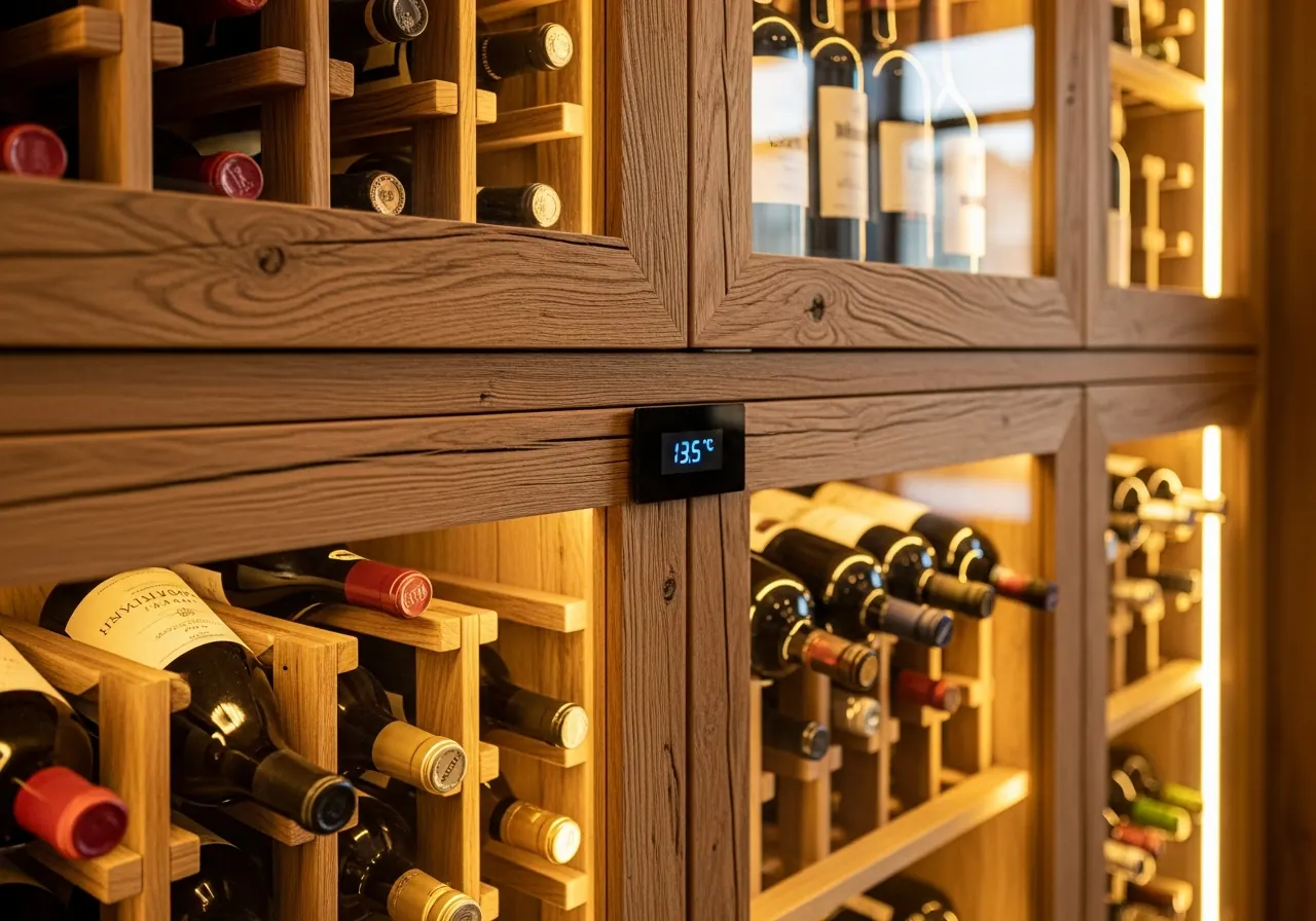 Design concept for a conditioned wine room with full-height display racking and a tasting area, the kind suited to a Placer County estate home