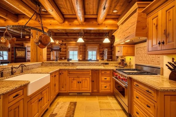 Design concept for a cabin kitchen with warm stained cabinetry, a wood ceiling, and a compact island, the kind of room suited to an Alpine Meadows chalet