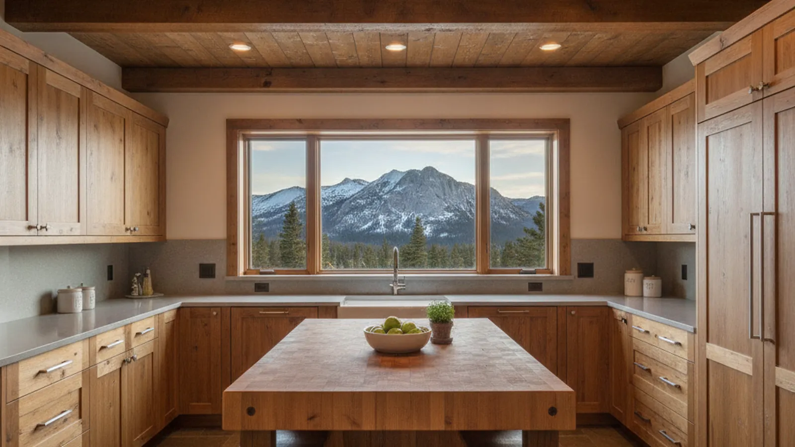 Design concept for a chalet kitchen with stained wood cabinetry fitted under a sloping A-frame roof, suited to an Alpine Meadows mountain home