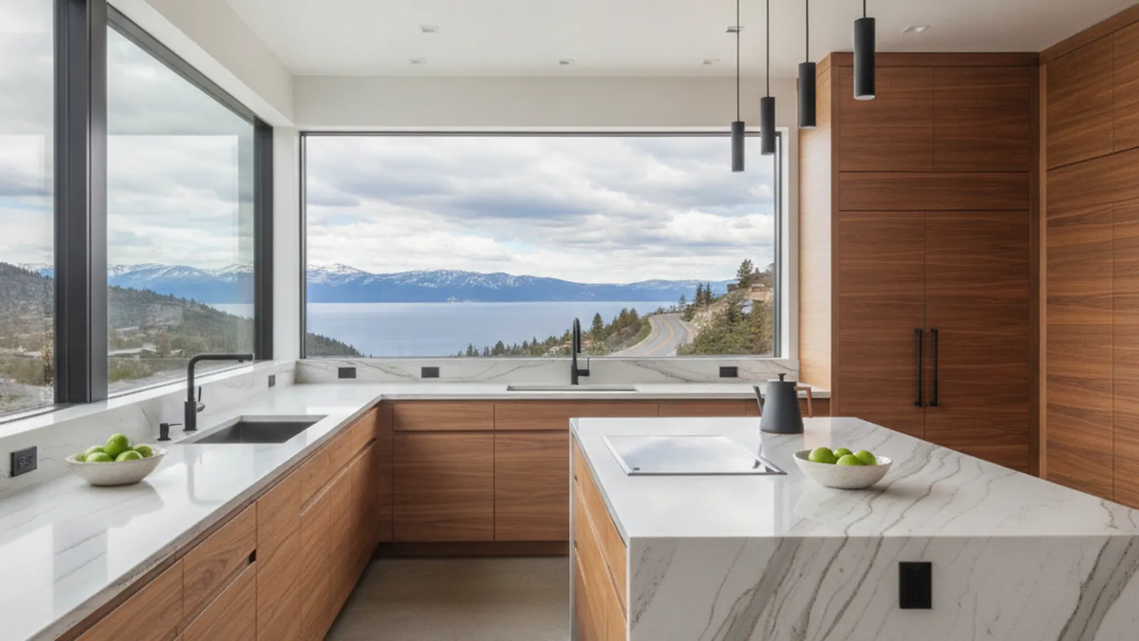 Design concept for a mountain-modern kitchen with rift-sawn oak cabinetry and a dark stone island, suited to a Stateline home on Kingsbury Grade