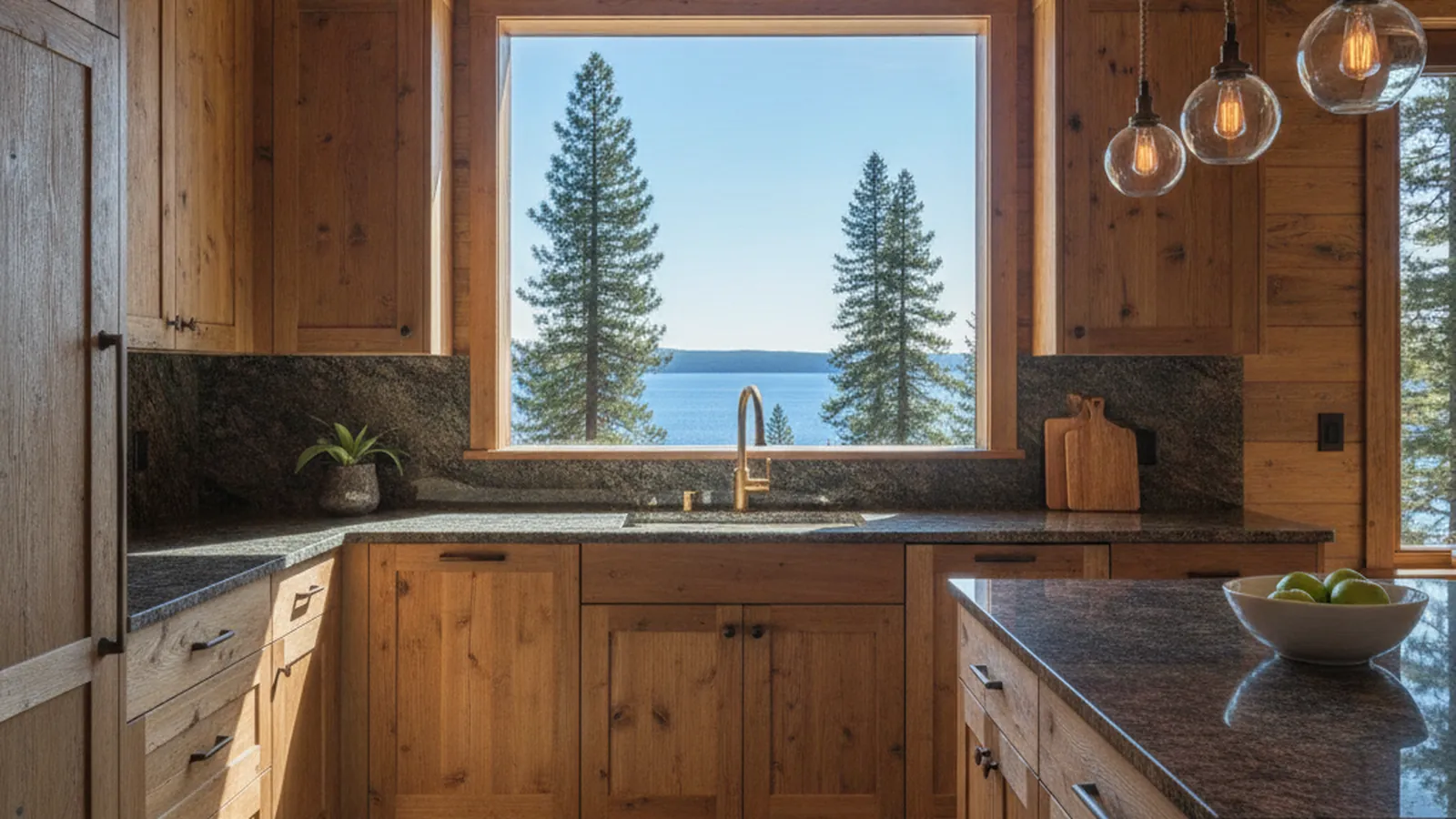 Design concept for a west-shore lake kitchen with rift-sawn oak cabinetry and a stone island facing the morning light, suited to a Sunnyside home
