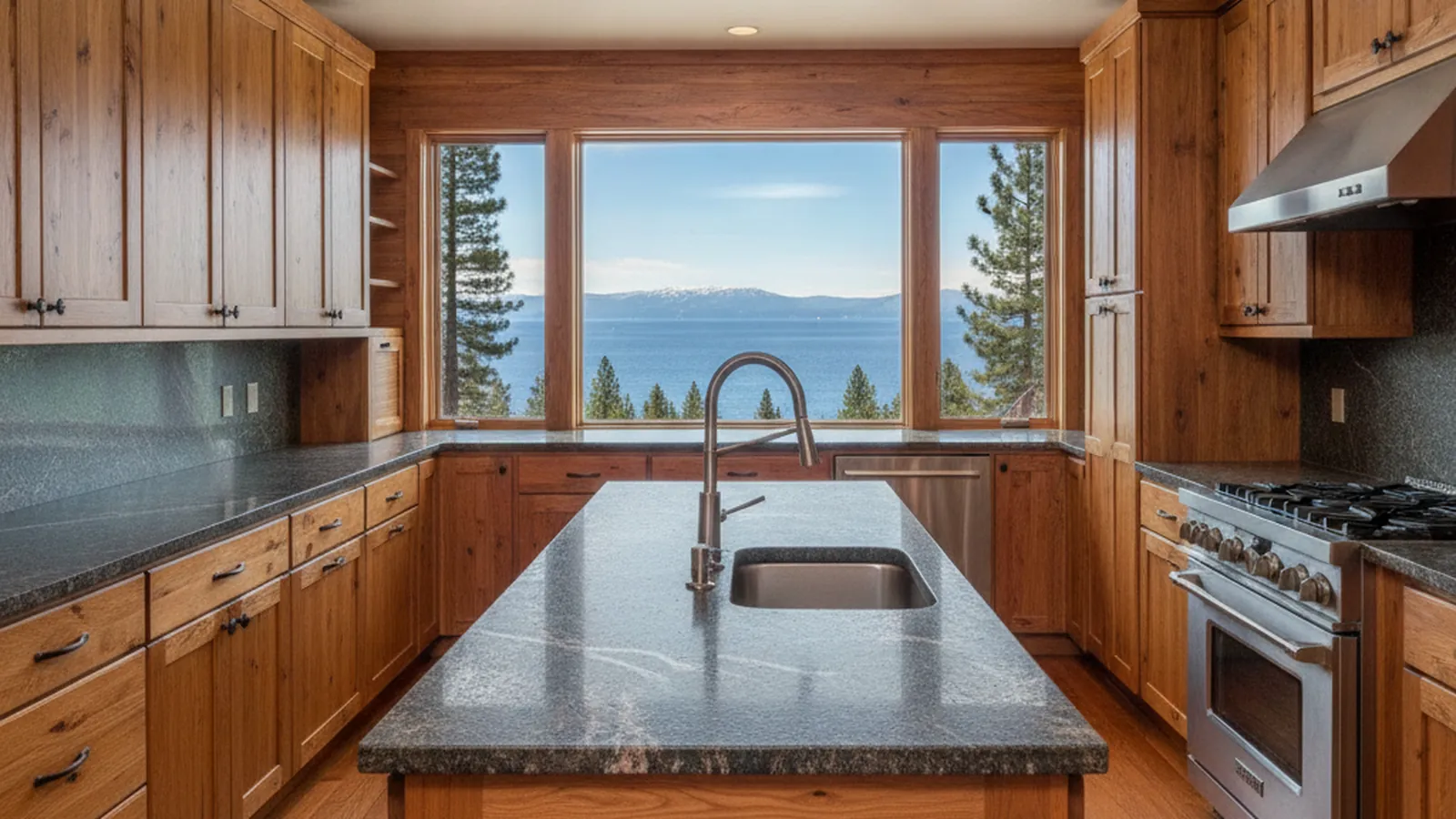 Design concept for an east-shore lake-house kitchen with knotty alder cabinetry and a stone island, suited to a Zephyr Cove home