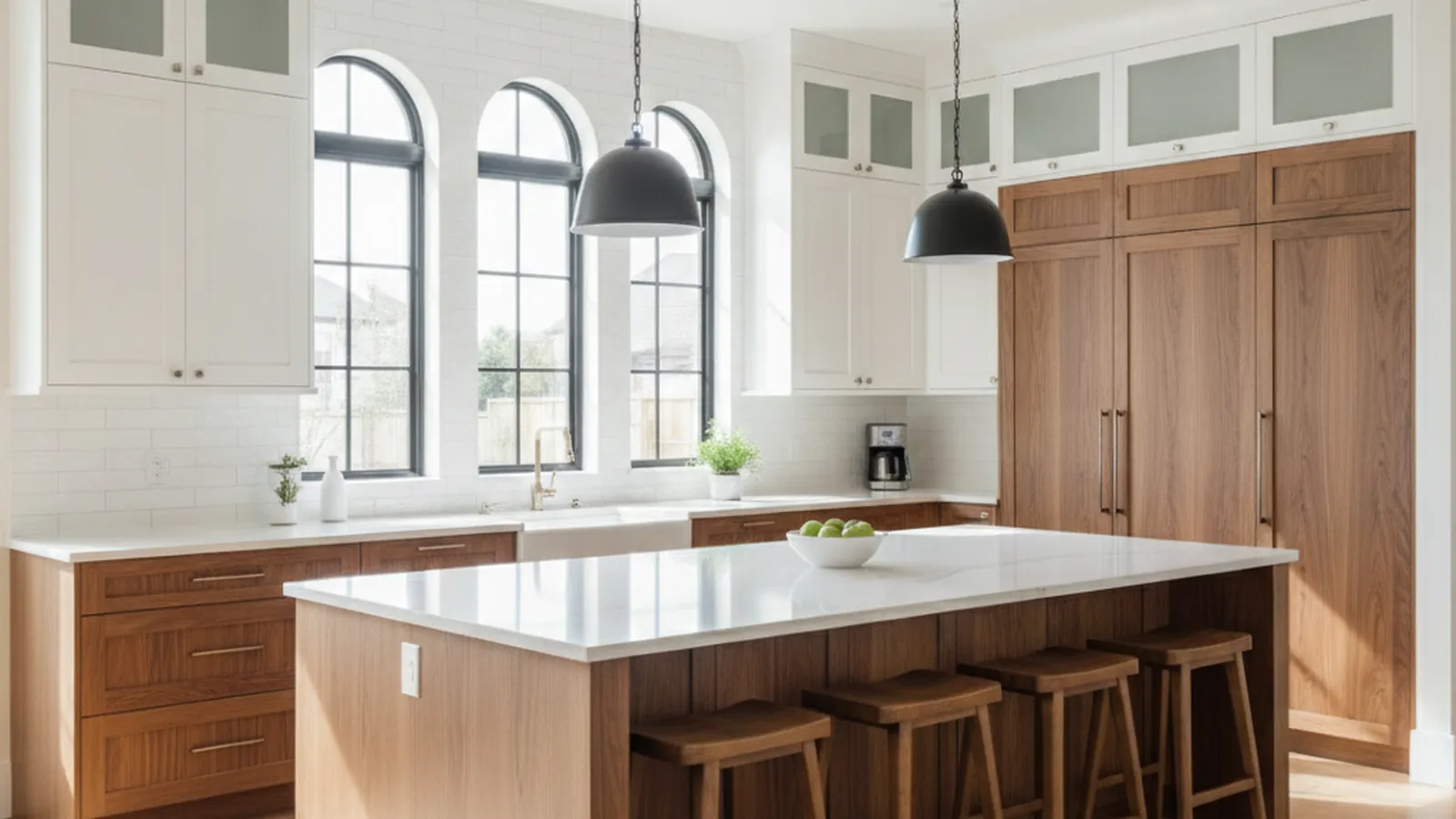 Design concept for a fully custom kitchen with a long furniture-style island, paneled range wall and scullery beyond, suited to a Folsom custom home