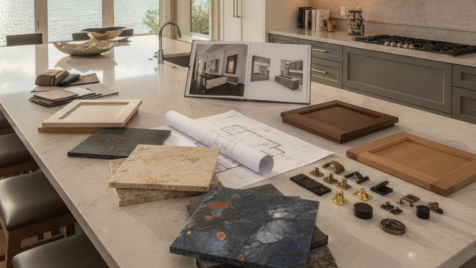 Design concept for a space-planned estate kitchen with a long island facing a wall of glass, pantry beyond and uppers to the ceiling, suited to a Granite Bay custom home