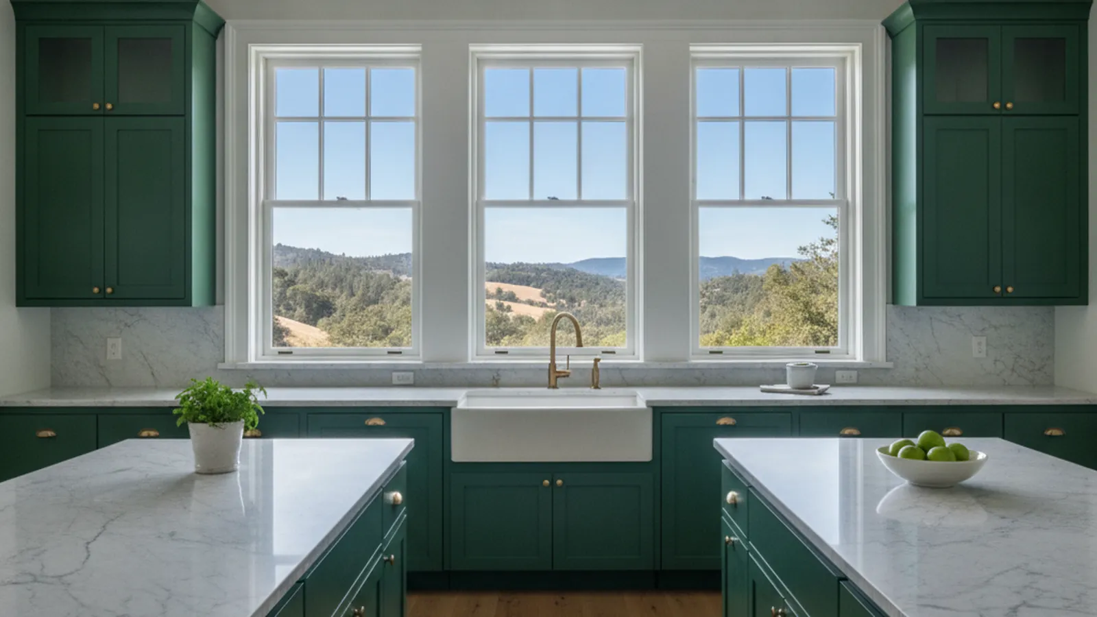 Design concept for a Placerville Victorian kitchen with painted inset cabinetry and a tall pantry wall