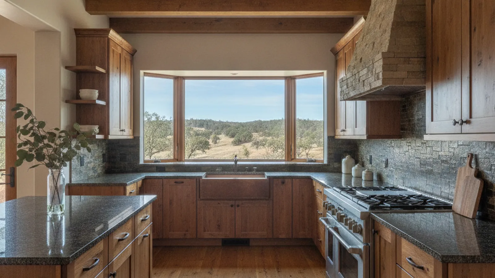 Design concept for a Shingle Springs ranch kitchen with stained white oak cabinetry and a long island facing the oaks