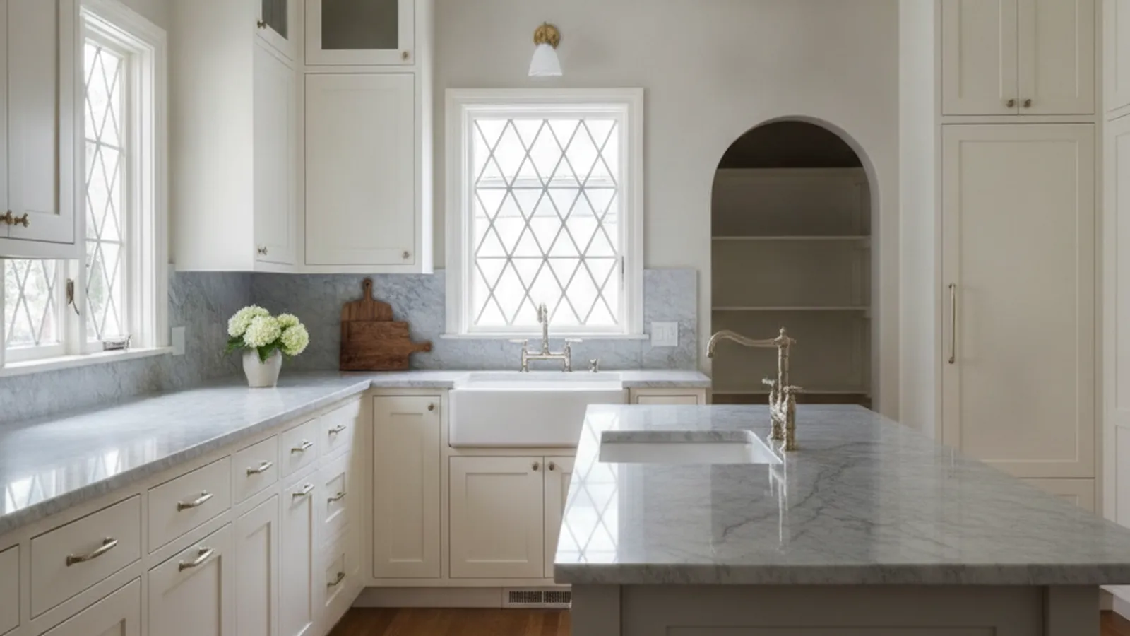 Design concept for a painted inset kitchen with glass-front uppers and a breakfast nook, suited to a 1920s Willow Glen home