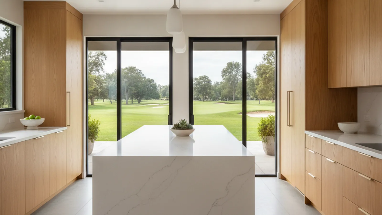Design concept for a walnut frameless kitchen with low uppers and a long island suited to a Los Altos Country Club area ranch house