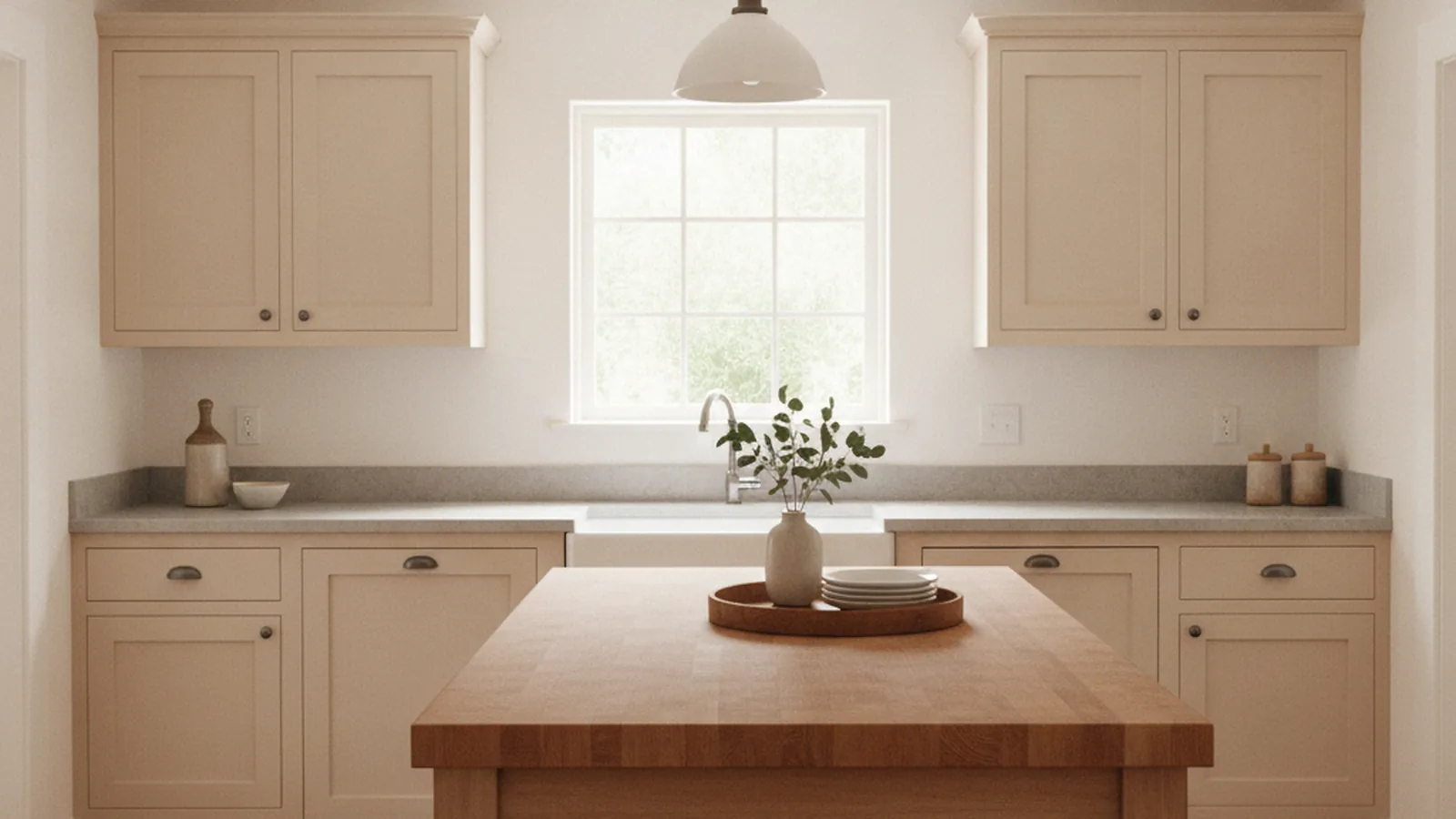 Design concept for a painted inset cottage kitchen with a stained wood island suited to an Allied Arts, Menlo Park bungalow