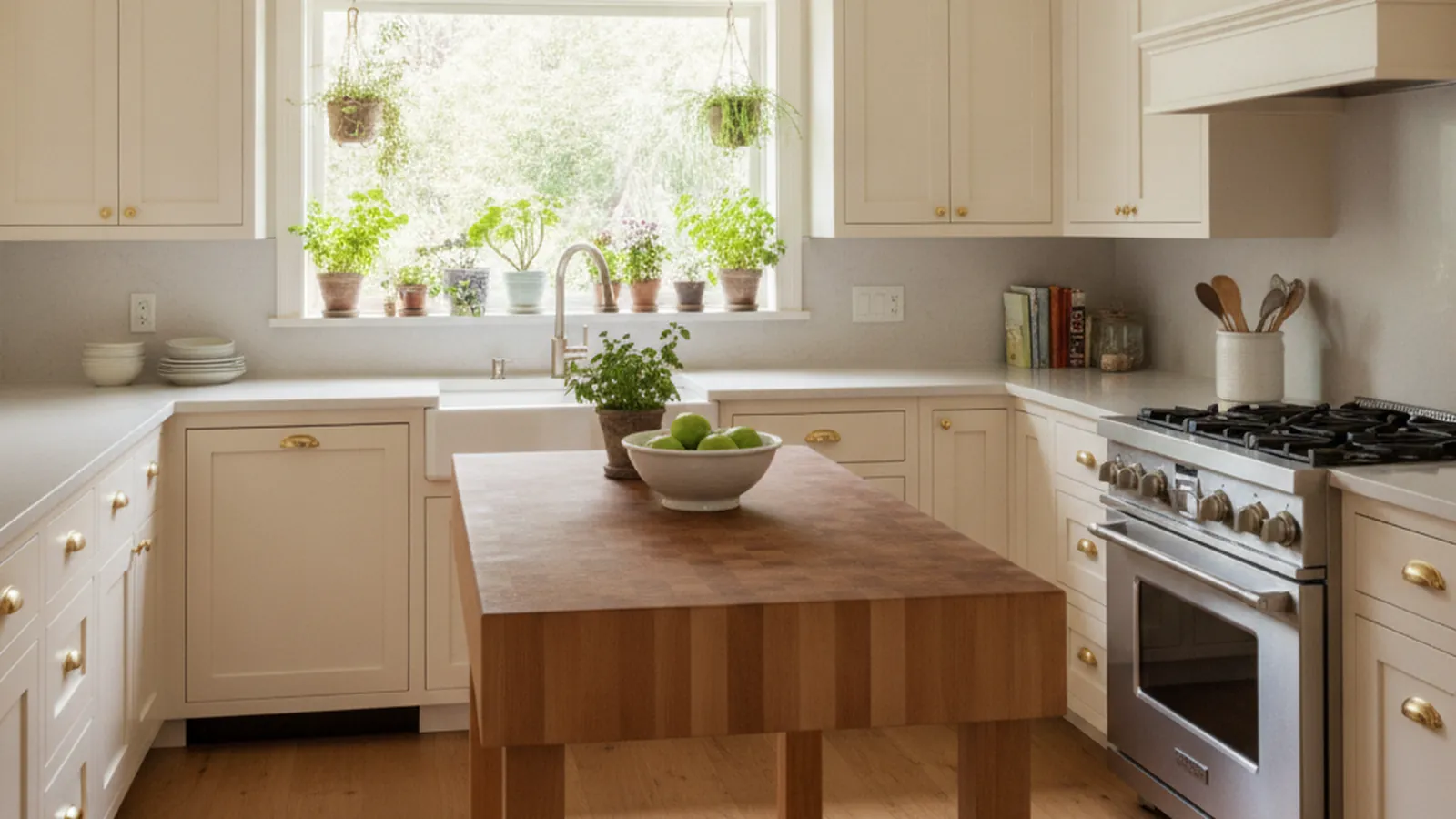 Design concept for a painted Shaker kitchen with a stained oak island suited to a Barron Park, Palo Alto ranch house