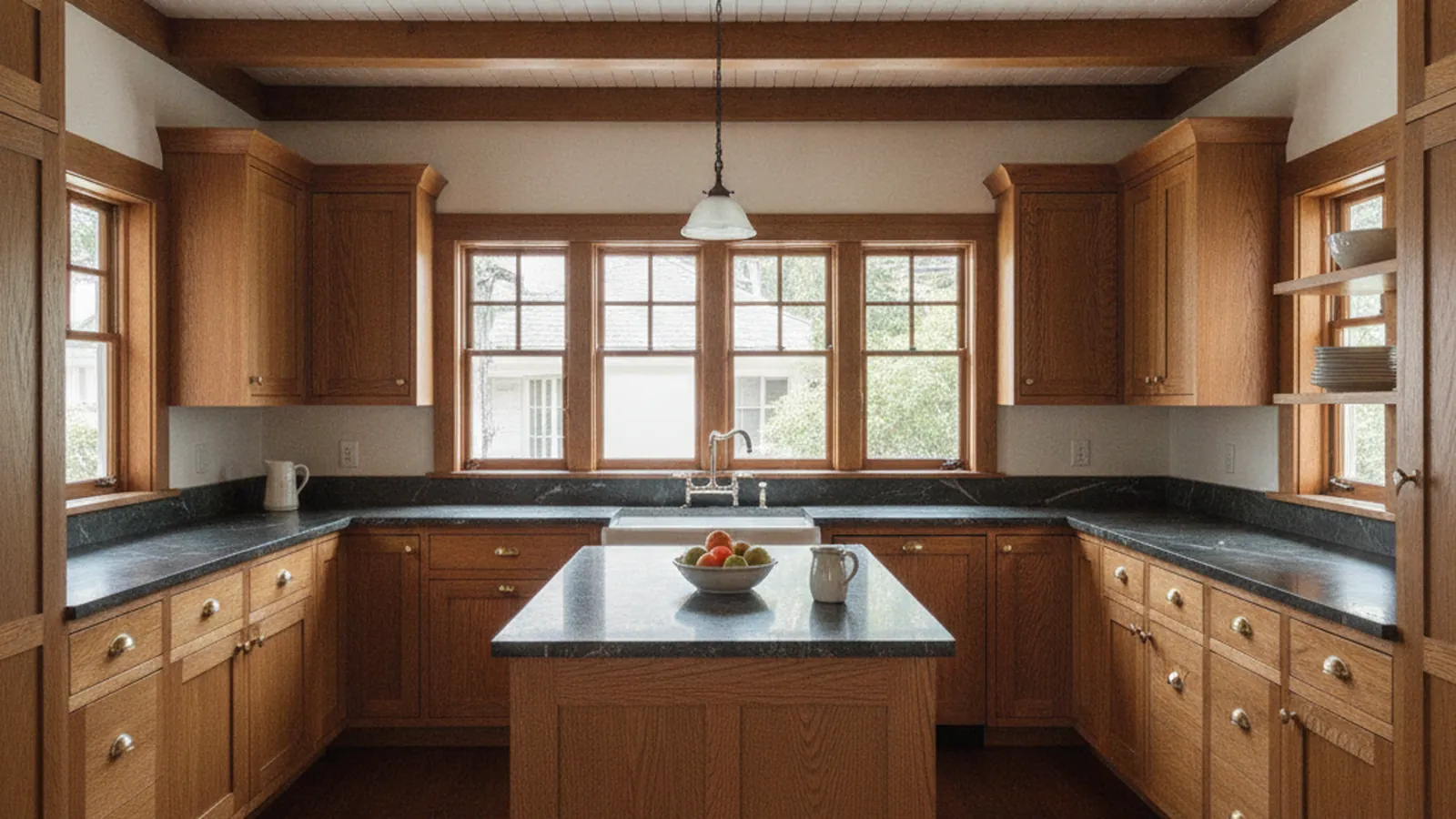Design concept for a quartersawn white oak inset kitchen suited to a Professorville, Palo Alto Craftsman home