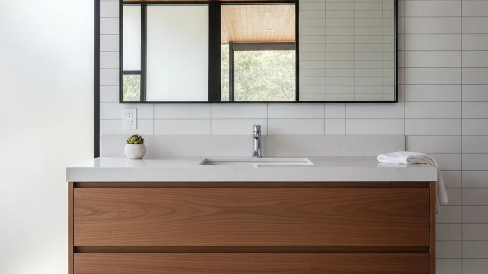 Design concept for a floating walnut vanity with slab drawer fronts and a stone top