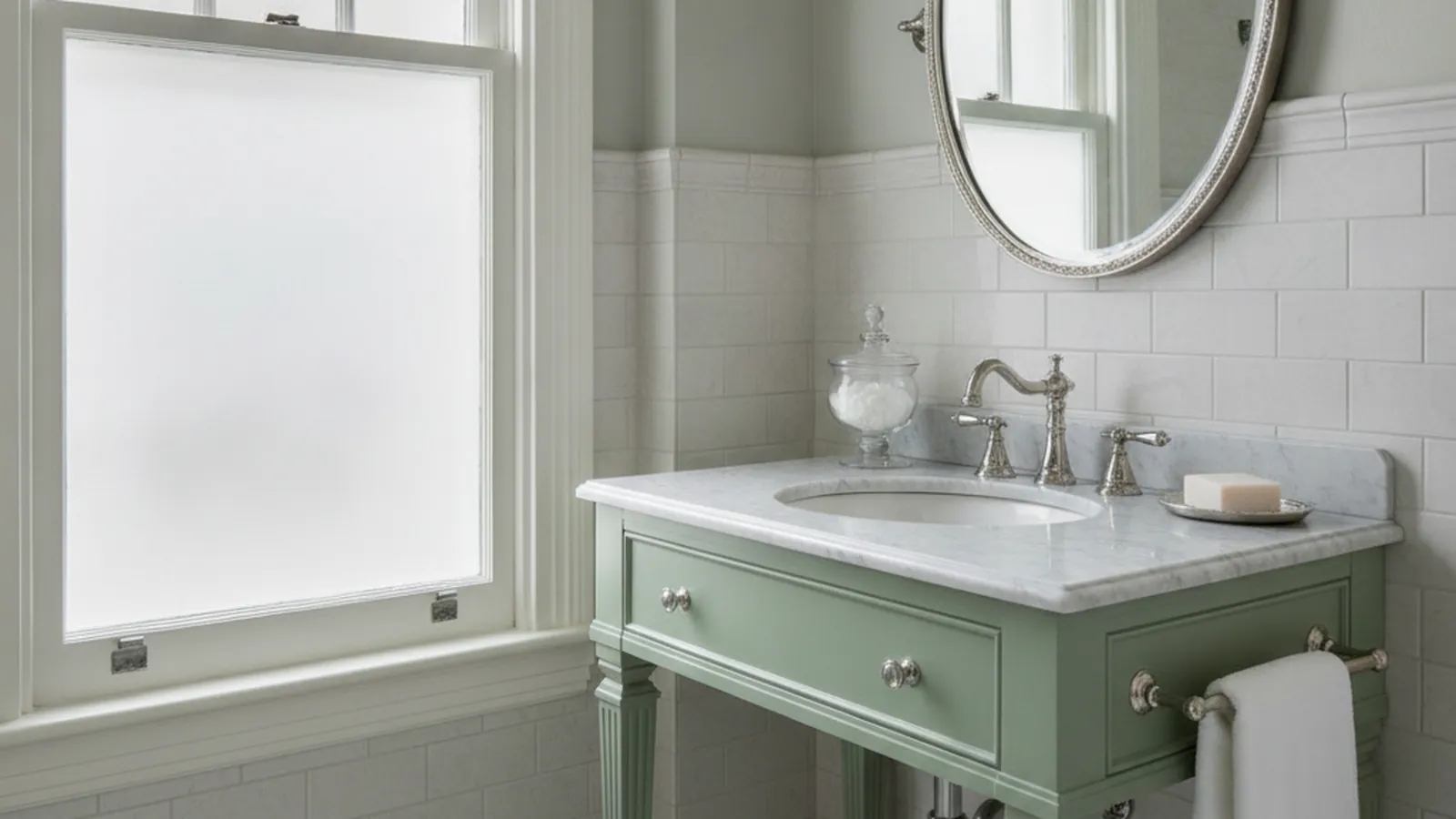 Design concept for a narrow wall-hung vanity with a single deep drawer in a compact bathroom