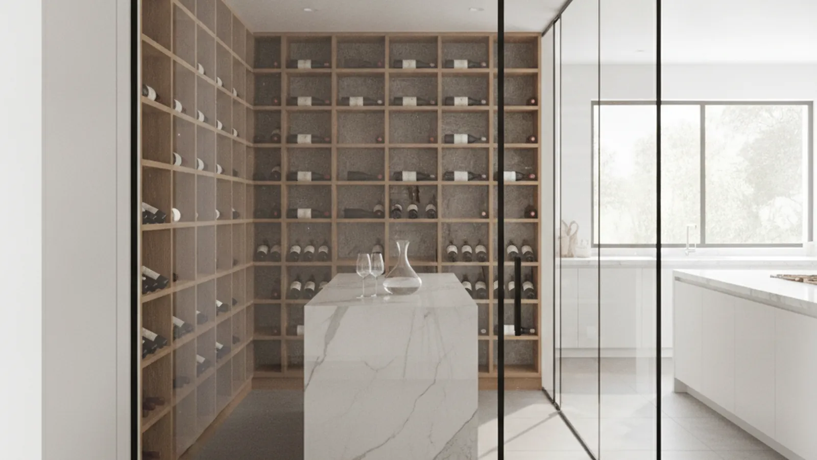 Design concept for a wine cellar with walnut display racking and a glass wall in a Los Gatos hillside estate