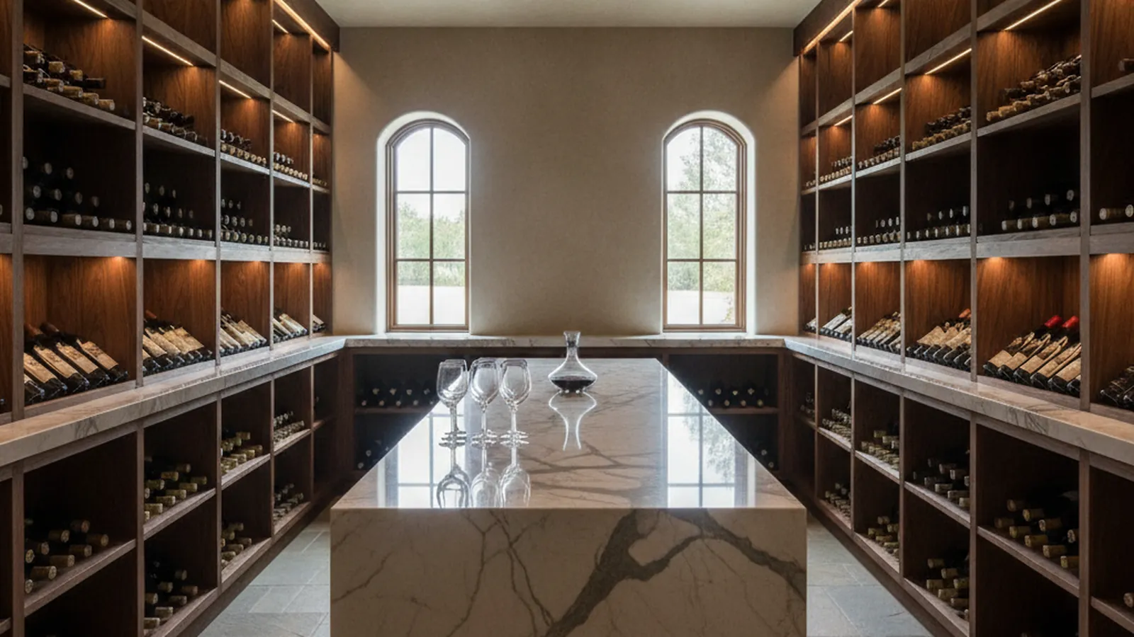 Design concept for a glass-fronted conditioned wine room with redwood racking and a mahogany tasting counter in a Placer County estate
