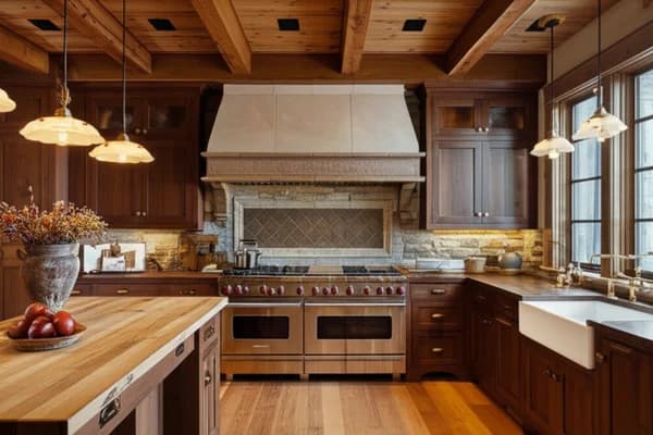 Design concept for a mountain kitchen with natural wood cabinetry, a stone-topped island, and a view wall, the kind of room suited to an Olympic Valley custom home