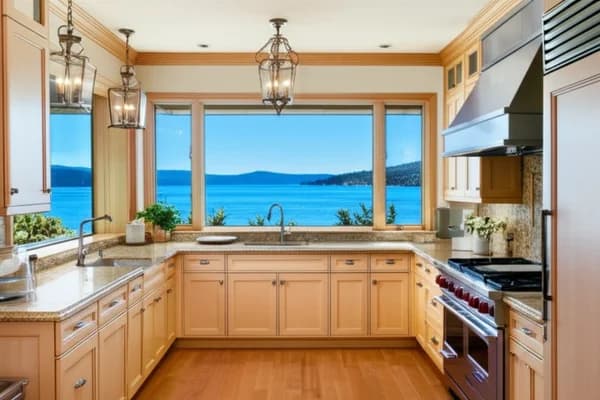 Design concept for a lakefront kitchen with pale oak cabinetry and a stone island facing the water, a direction suited to the rebuilt estates on Glenbrook Bay