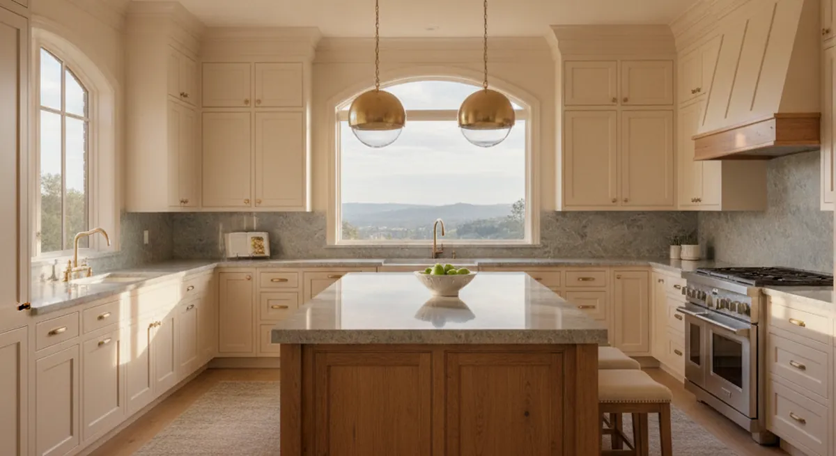 Design concept for a view-oriented kitchen with a low island, tall cabinetry on the interior wall, and open shelving along the windows