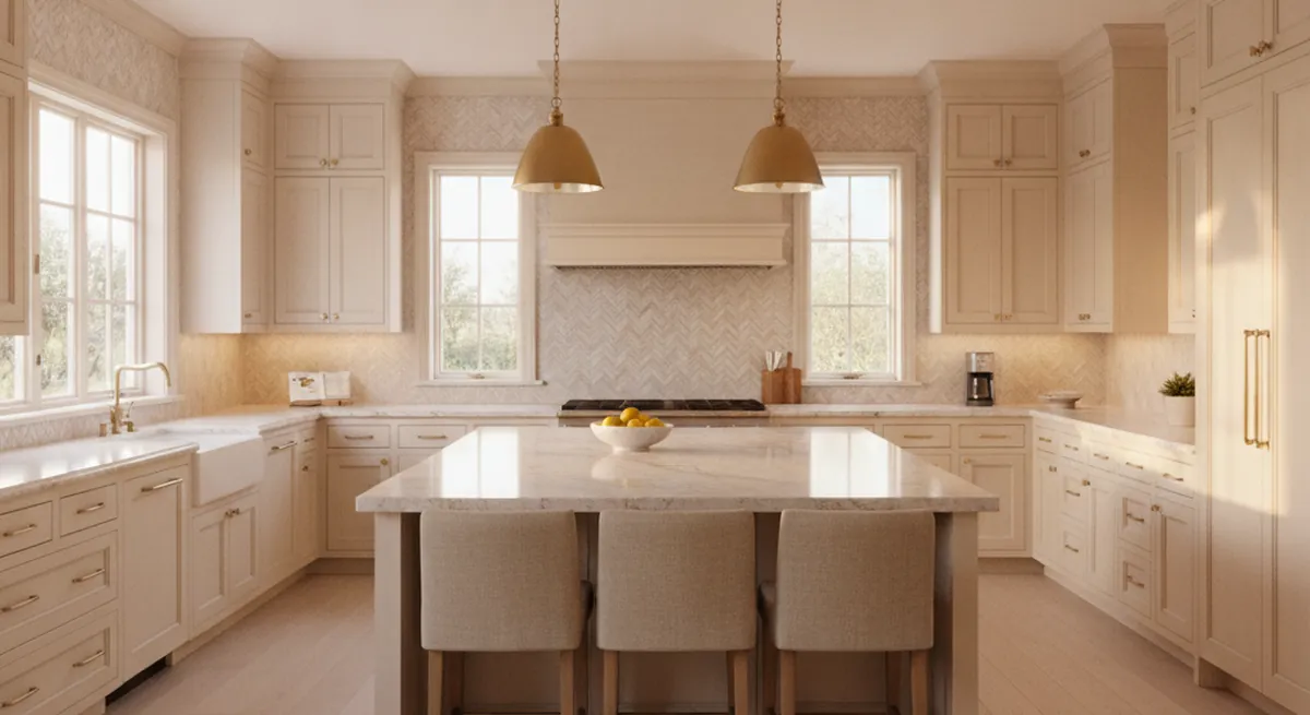 Design concept for a lake-house kitchen with white oak flat-panel cabinetry, a long island with water-side seating, and a full-height pantry wall