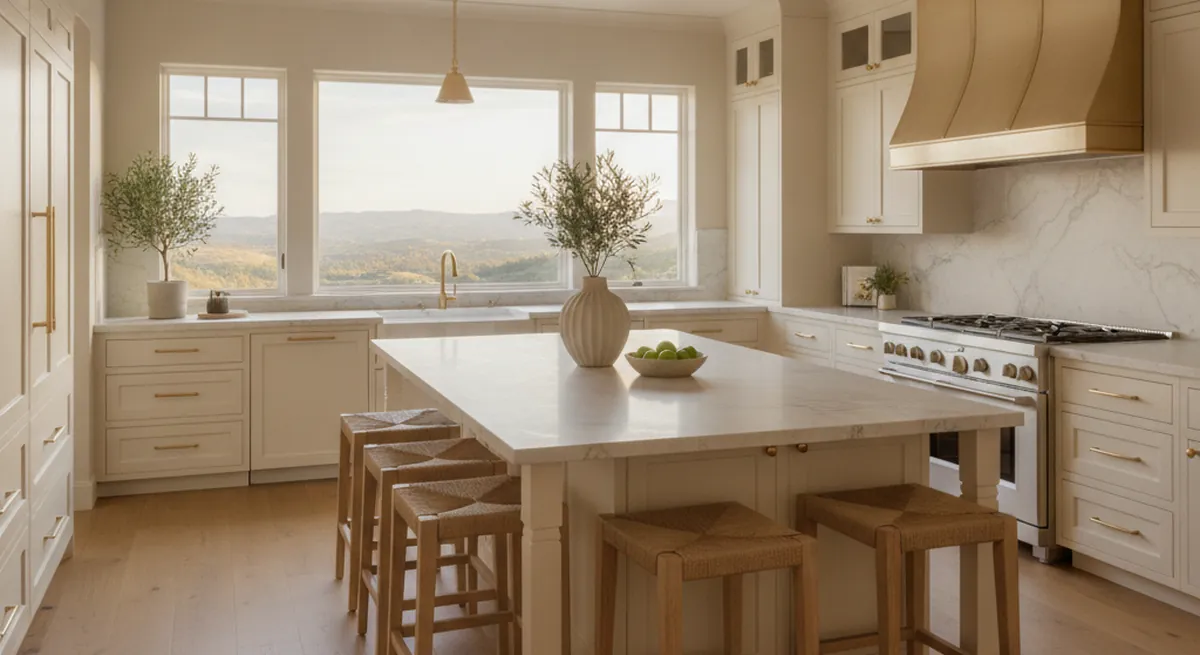 Design concept for a mountain cabin kitchen with natural alder flat-panel cabinetry, open shelving under a beamed ceiling, and a compact island