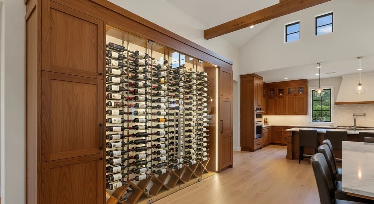 Design concept for a conditioned wine wall with label-forward display racking in a contemporary Napa Valley home