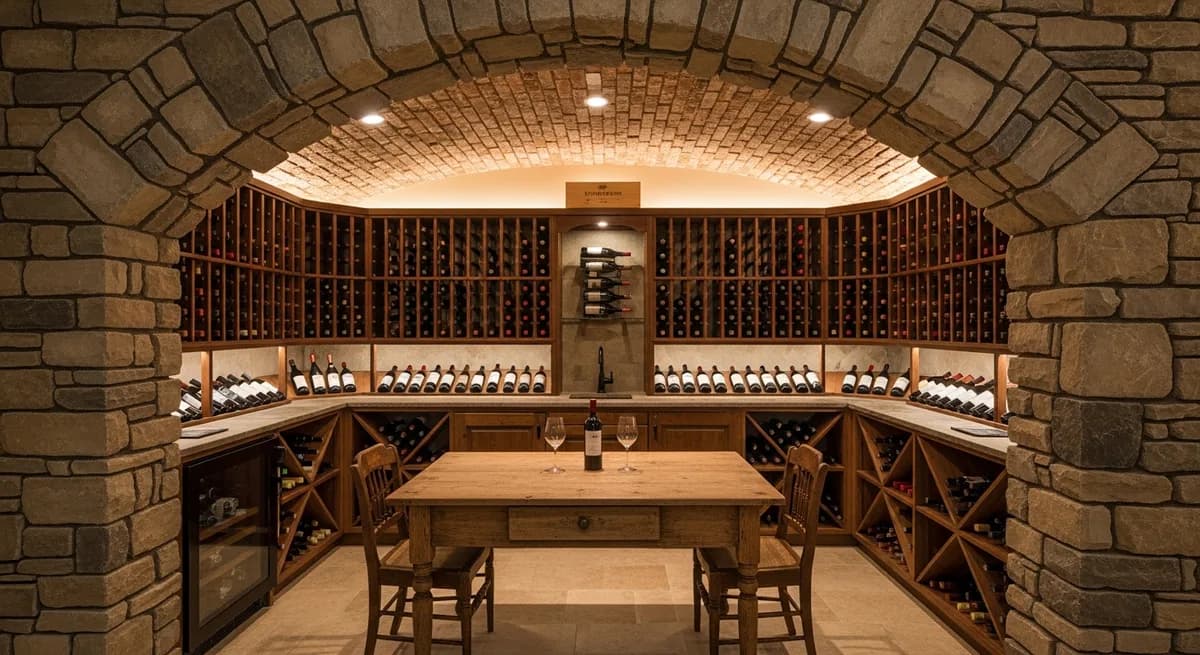 Design concept for conditioned wine storage with timber racking and stone, the kind suited to a Truckee mountain estate