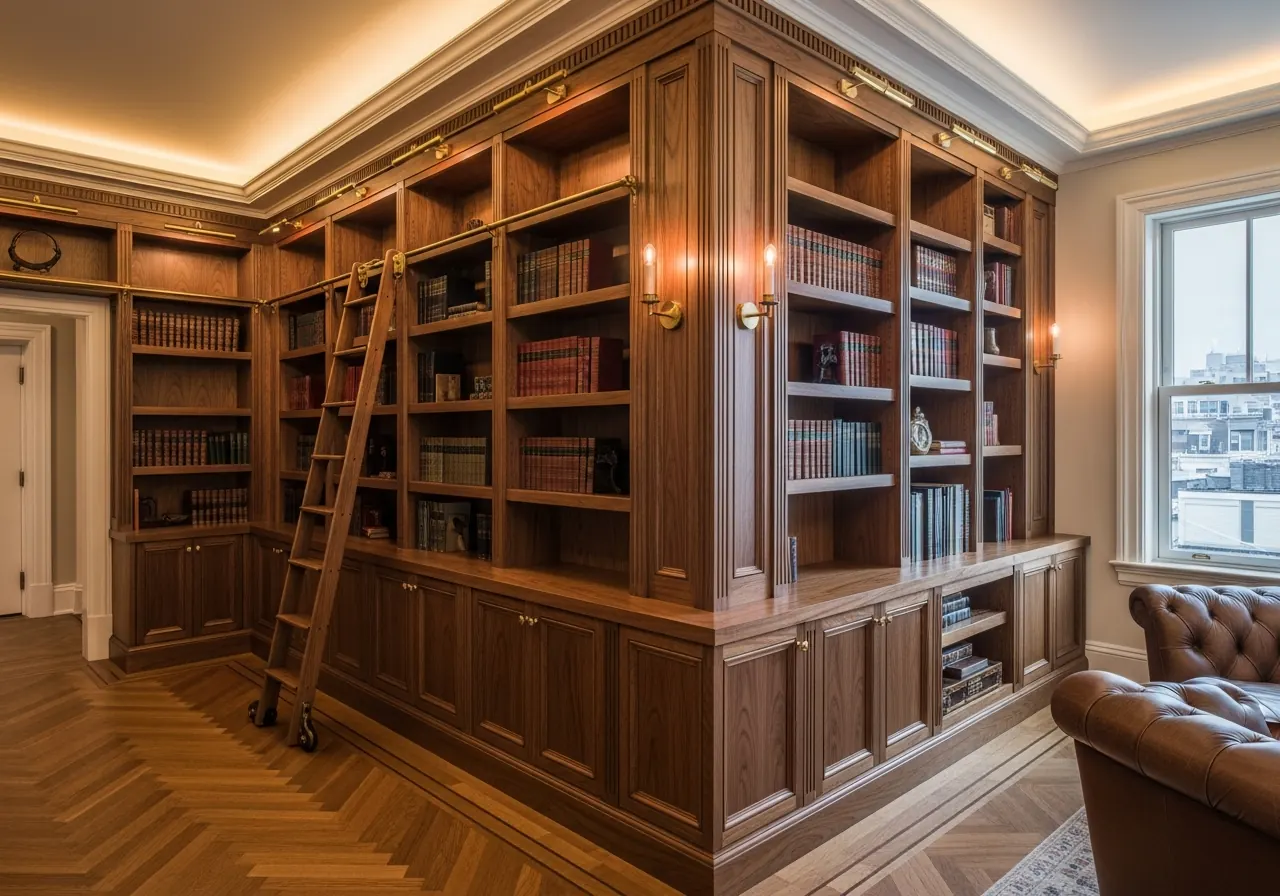 Design concept for a paneled library with full-height built-in bookcases and a stacked cornice, the kind of millwork suited to a Ross or Kentfield shingle-style estate
