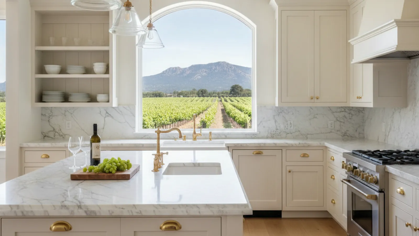 Design concept for a Kenwood estate kitchen with rift-sawn oak cabinetry, a scullery, and a tasting counter