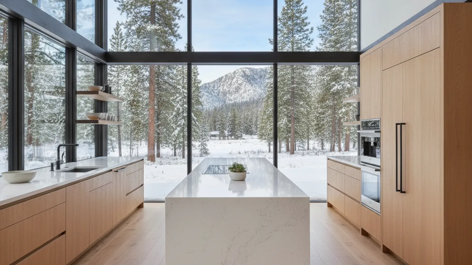 Custom kitchen in a Lake Tahoe mountain home with lake views