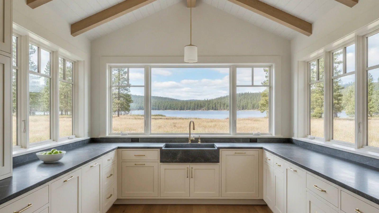 Design concept for a classic lake-house kitchen with inset white oak cabinetry and a furniture-style island, suited to a Glenbrook home