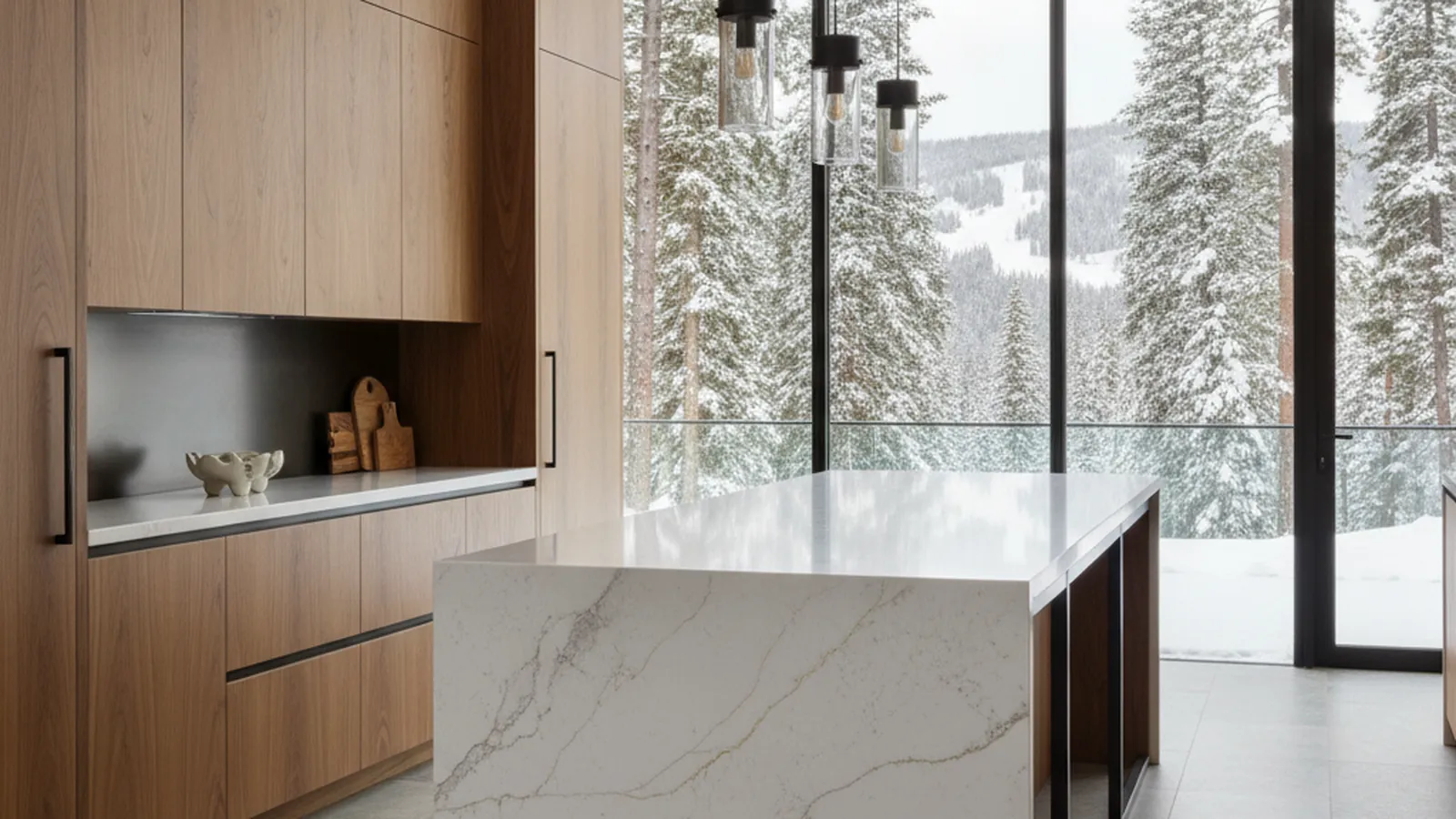 Design concept for a mountain-modern ski-home kitchen with rift-sawn white oak cabinetry, a dark stone island, and a timber ceiling, suited to a Northstar residence