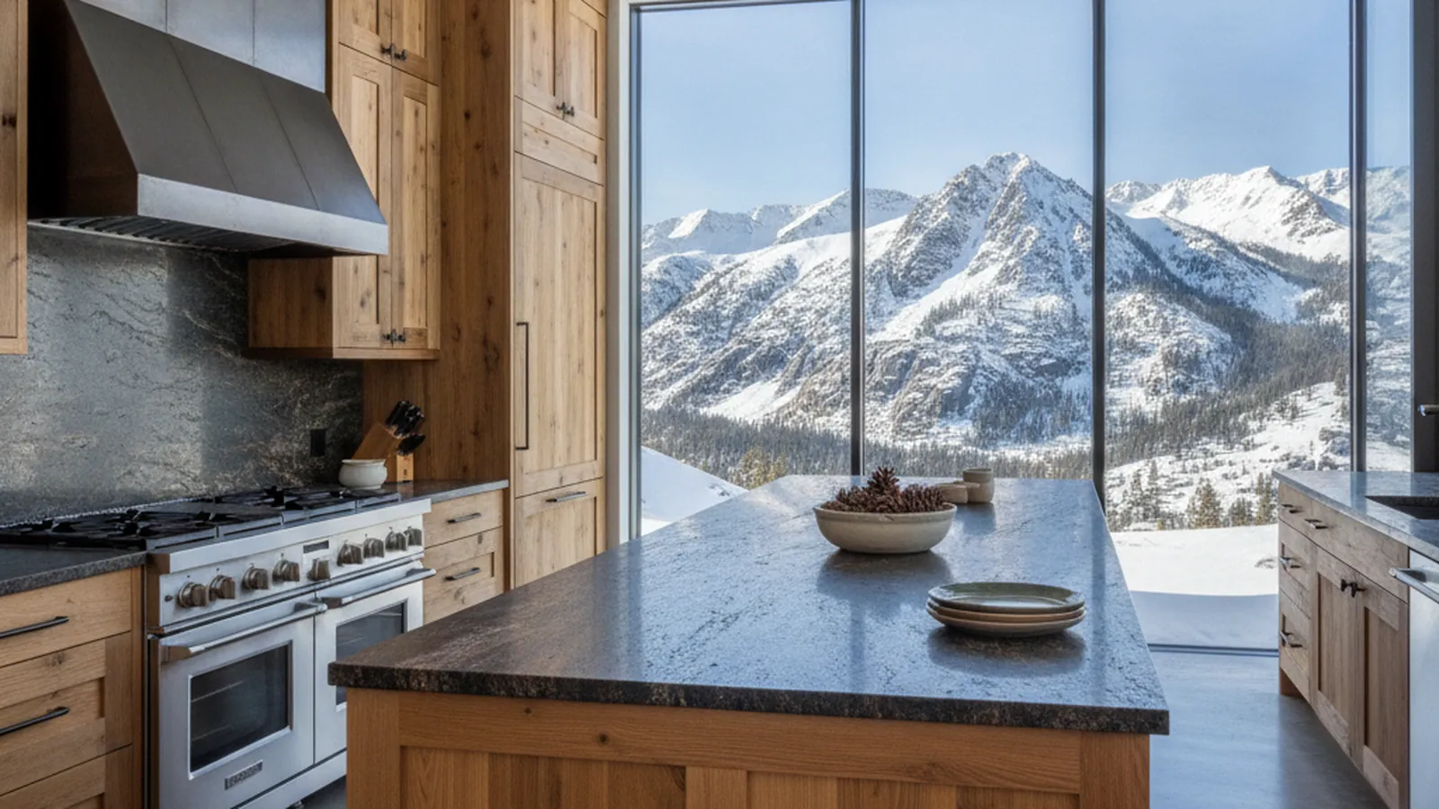 Design concept for a mountain-modern ski-home kitchen with rift-sawn white oak cabinetry and a stone island, suited to Olympic Valley