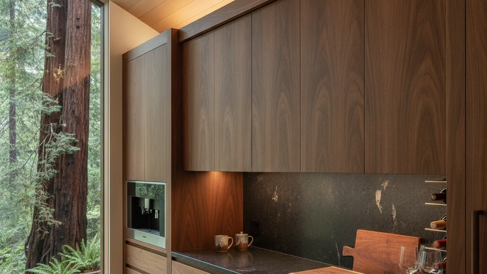 Custom kitchen cabinets in a Mill Valley home framed by Marin County trees