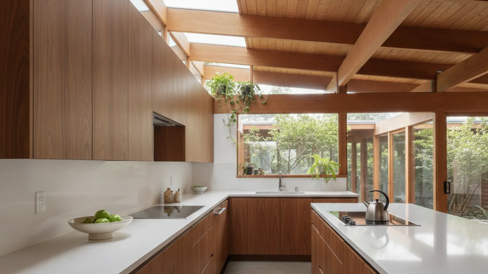 Design concept for a flush walnut veneer kitchen with low uppers and continuous grain, suited to a post-and-beam Lucas Valley Eichler