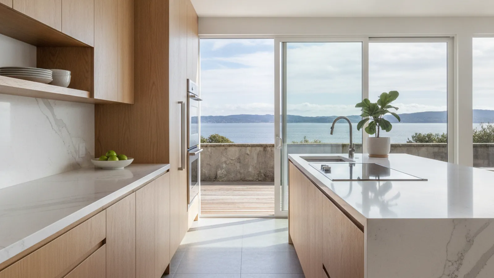 Design concept for a light, view-facing kitchen with a furniture-style island and low cabinetry, suited to a bayside Peacock Gap home