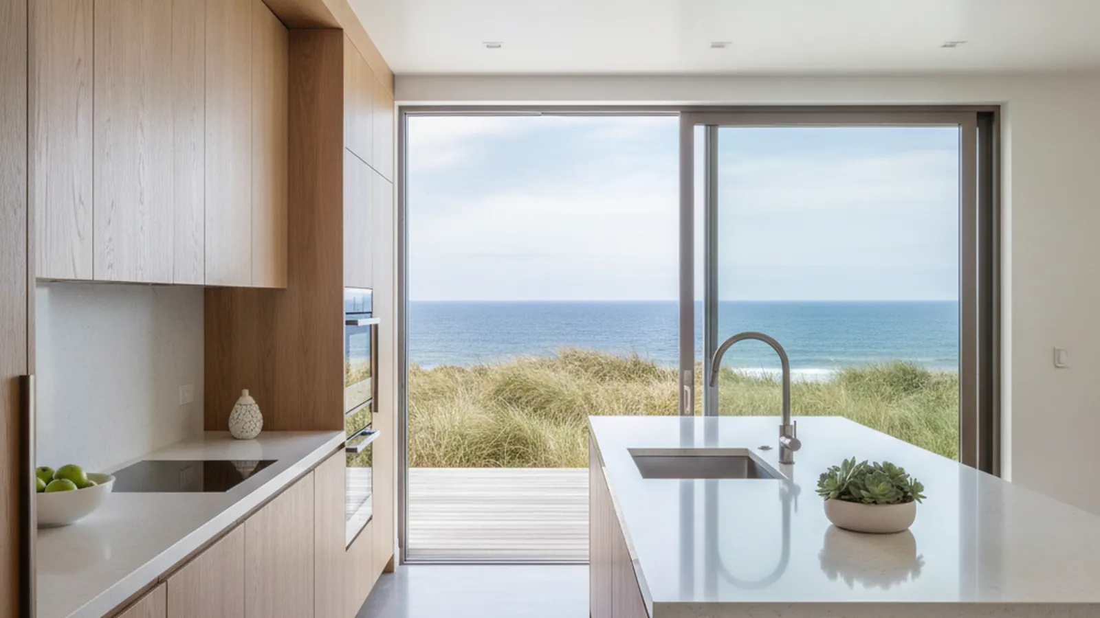 Design concept for a light, open beach-house kitchen with pale wood cabinetry and stainless hardware suited to a Stinson Beach home