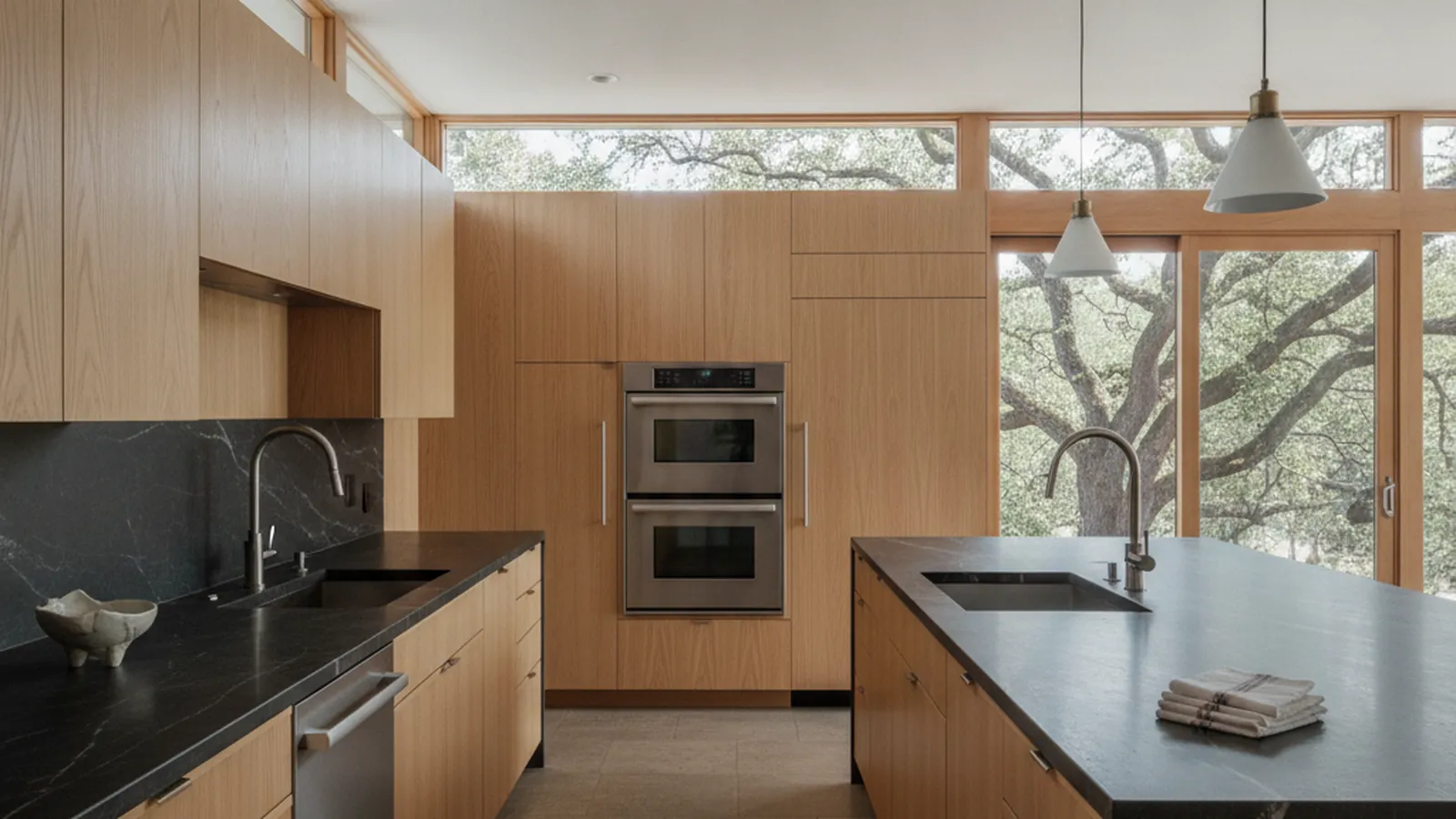 Design concept for a custom kitchen suited to a Carmichael, California mid-century ranch home, with warm wood cabinetry and a long, low island