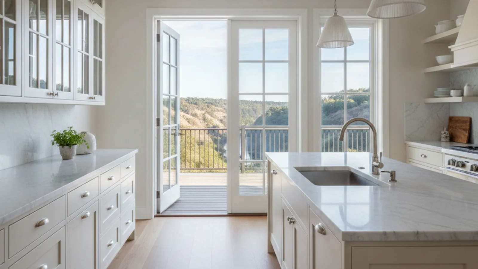 Design concept for a custom kitchen suited to a Fair Oaks, California bluff-top home, with rift white oak cabinetry and a wide view window