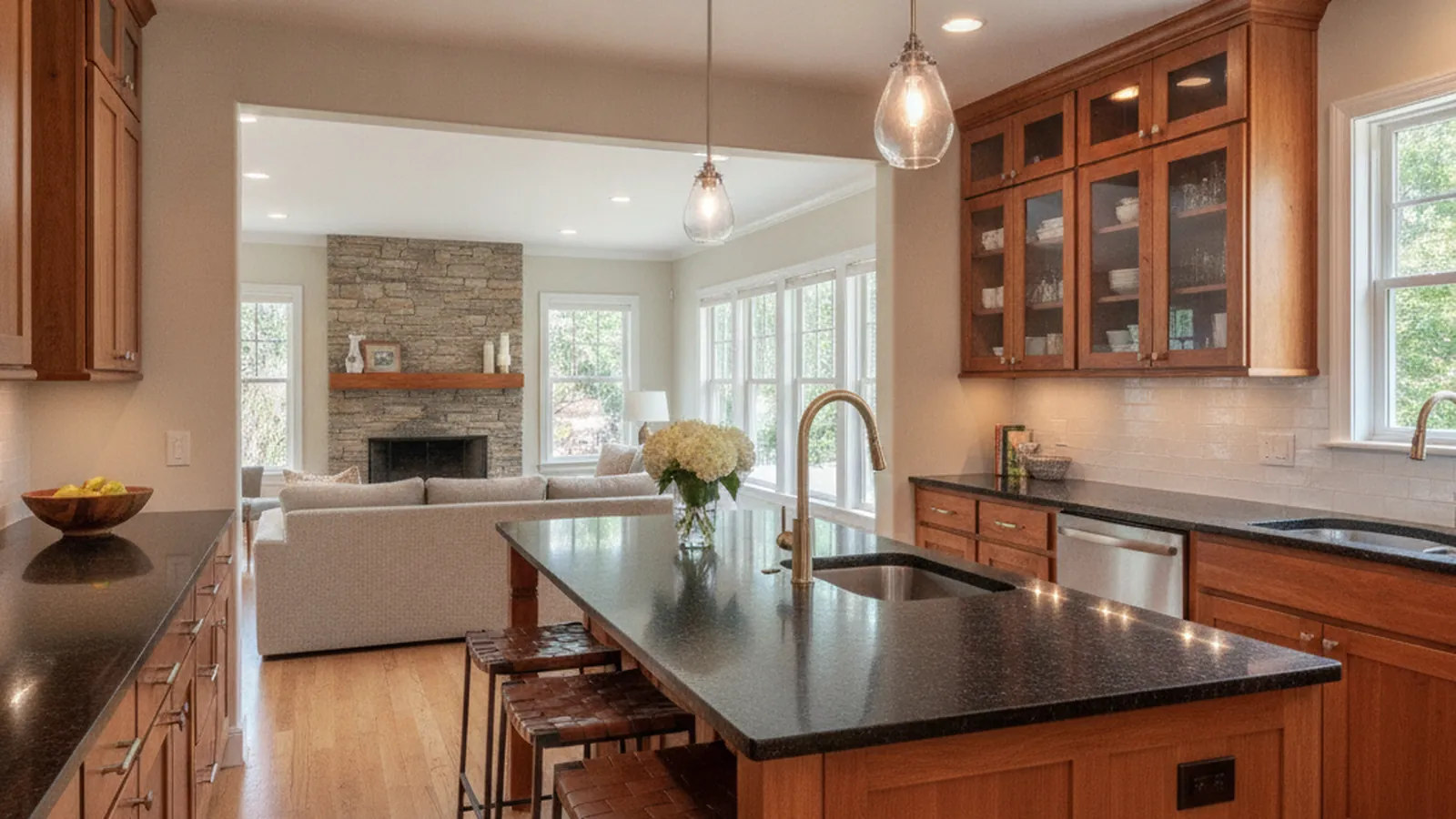 Design concept for a custom kitchen suited to a Gold River, California village home, with painted cabinetry, an island, and a pantry wall