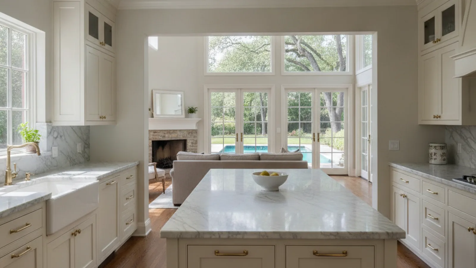 Design concept for a remodeled estate kitchen with a long island facing a wall of glass toward a pool terrace, suited to a Granite Bay custom home