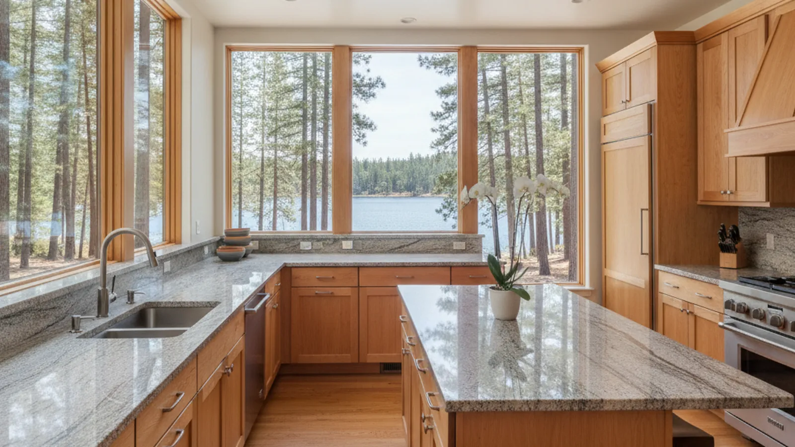 Design concept for a Lake of the Pines kitchen with stained alder cabinetry opened toward a lakeside deck