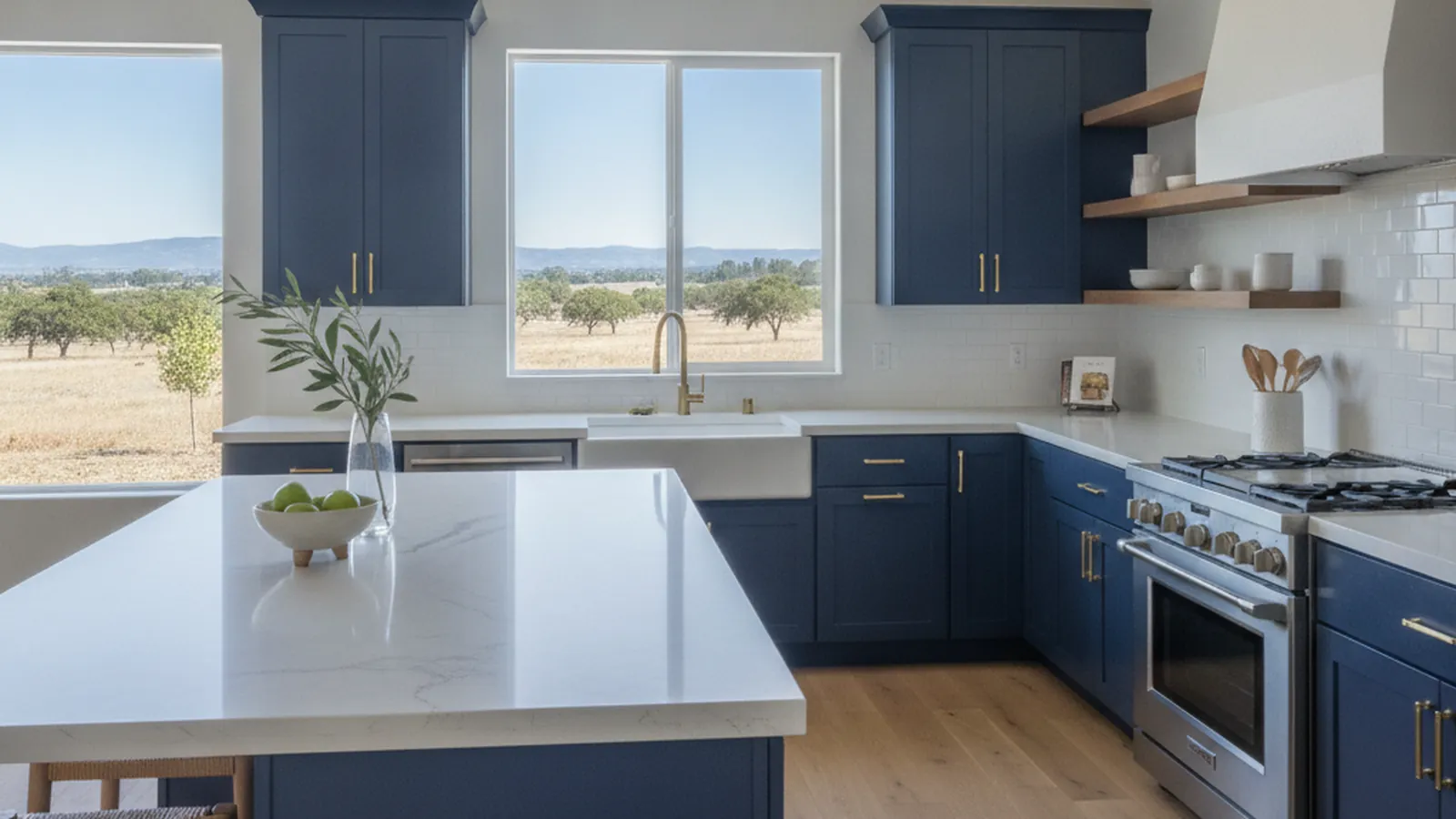 Design concept for a bright transitional kitchen with a long island and full-height painted cabinetry suited to a Lincoln production home