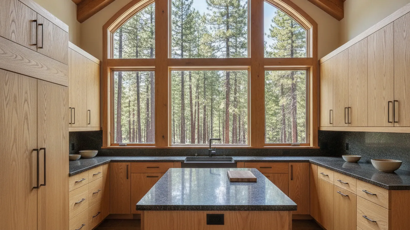 Design concept for a foothill kitchen with stained white oak cabinetry, a stone island, and tall windows onto pines, suited to a Meadow Vista custom home