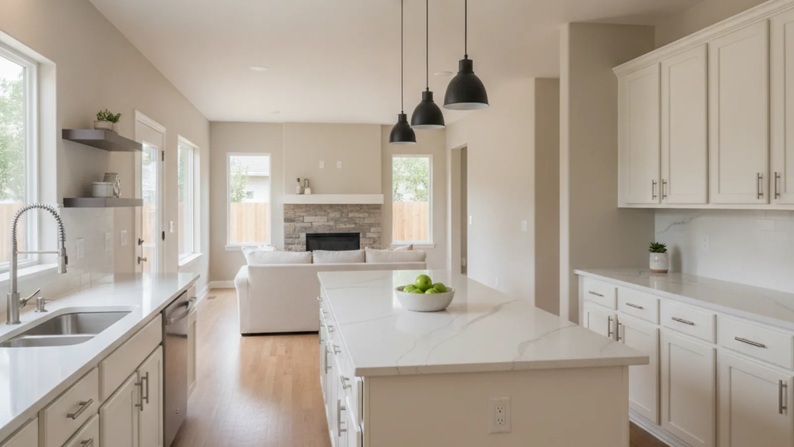 Design concept for a remodeled open-plan kitchen with a large island where a dividing wall once stood, suited to a Rocklin production home