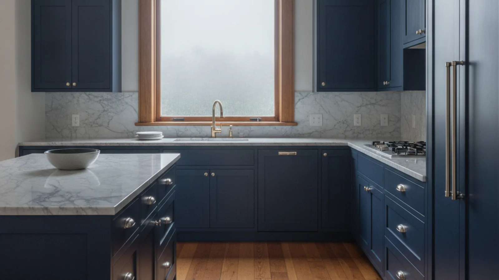 Design concept for a Presidio Heights kitchen with painted inset cabinetry, a scullery run and tall windows onto a rear garden