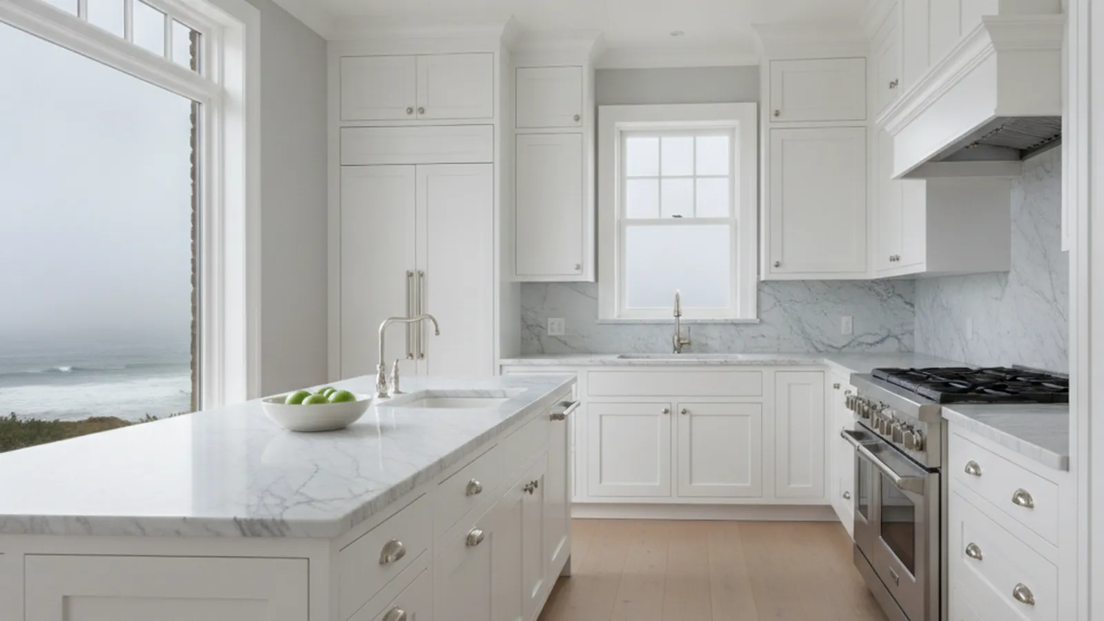 Design concept for a Sea Cliff kitchen with painted inset cabinetry, a long island and tall windows facing the Golden Gate