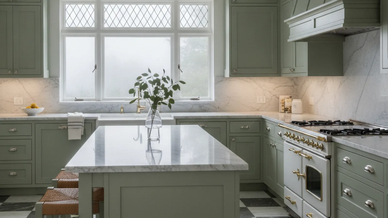 Design concept for a St. Francis Wood kitchen with painted inset cabinetry, an arched pantry opening and a view to a front garden